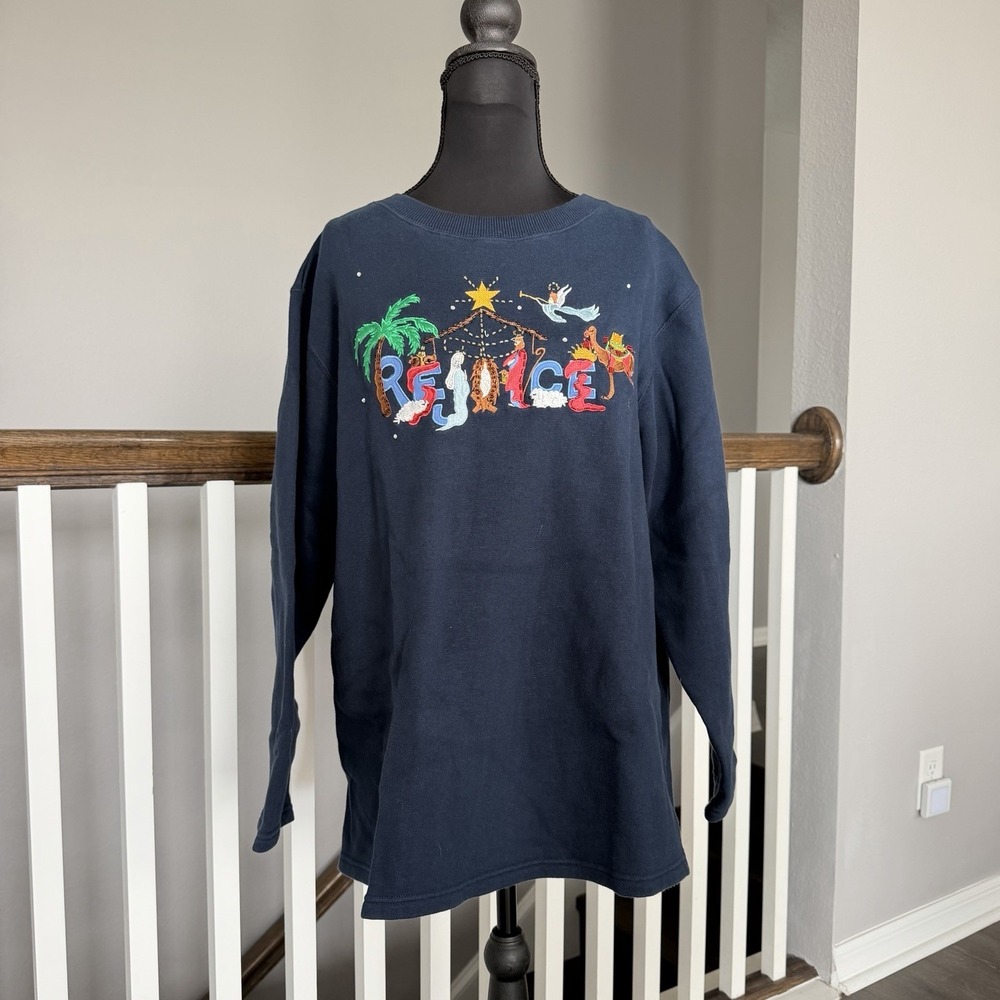 The Quacker Factory Blue Pullover Sweatshirt‎ Embroidered Nativity Rejoice Large
